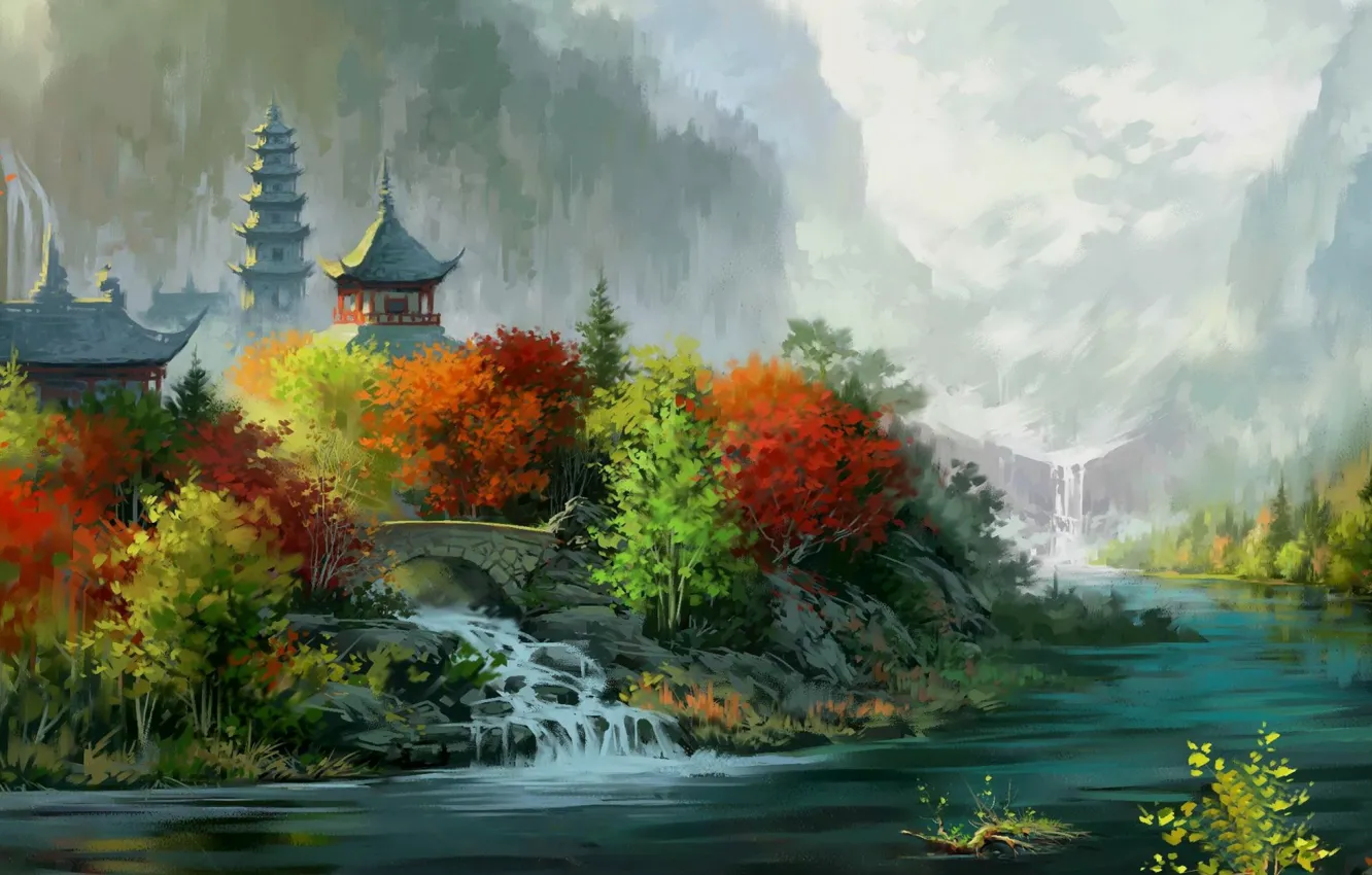 Photo wallpaper bridge, waterfall, Temple, pagoda