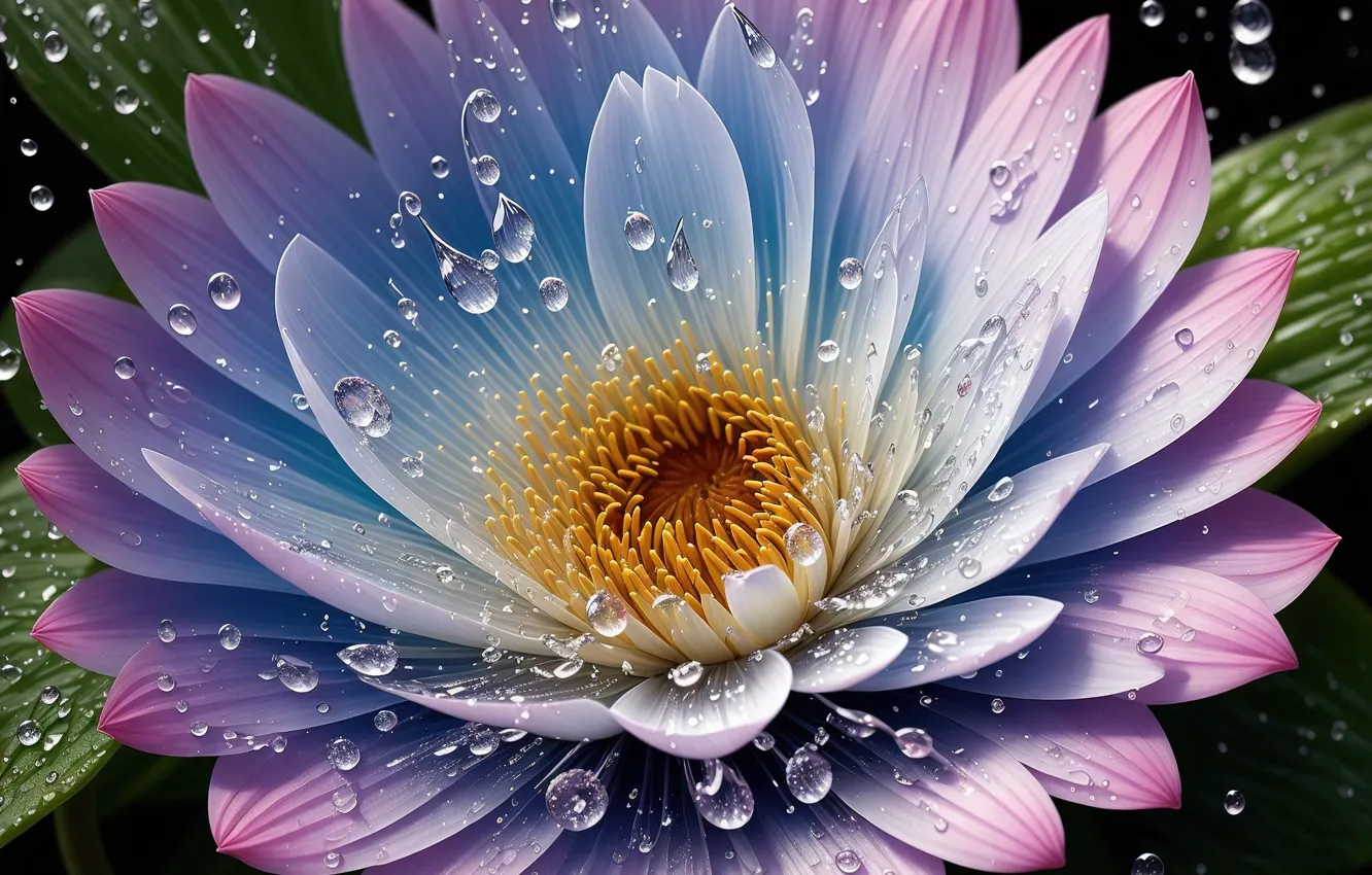 Photo wallpaper leaves, water, drops, macro, flowers, squirt, pond, petals