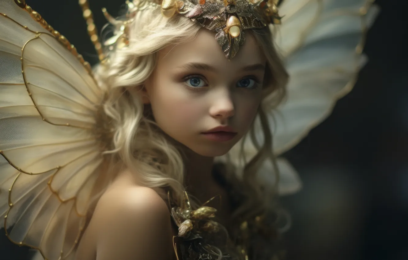 Photo wallpaper look, decoration, face, the dark background, butterfly, portrait, wings, fairy