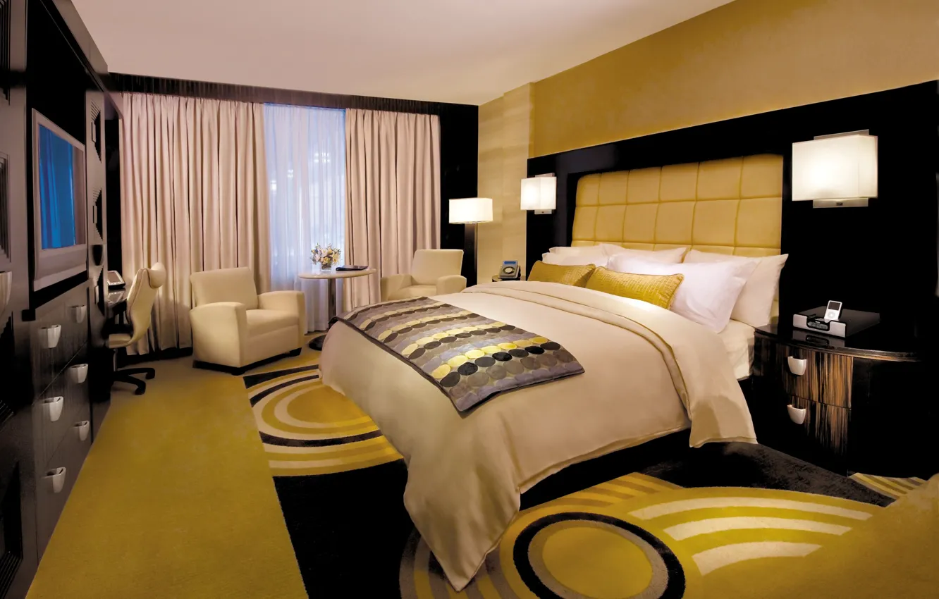 Photo wallpaper carpet, lamp, bed, interior, chair, pillow, bedroom