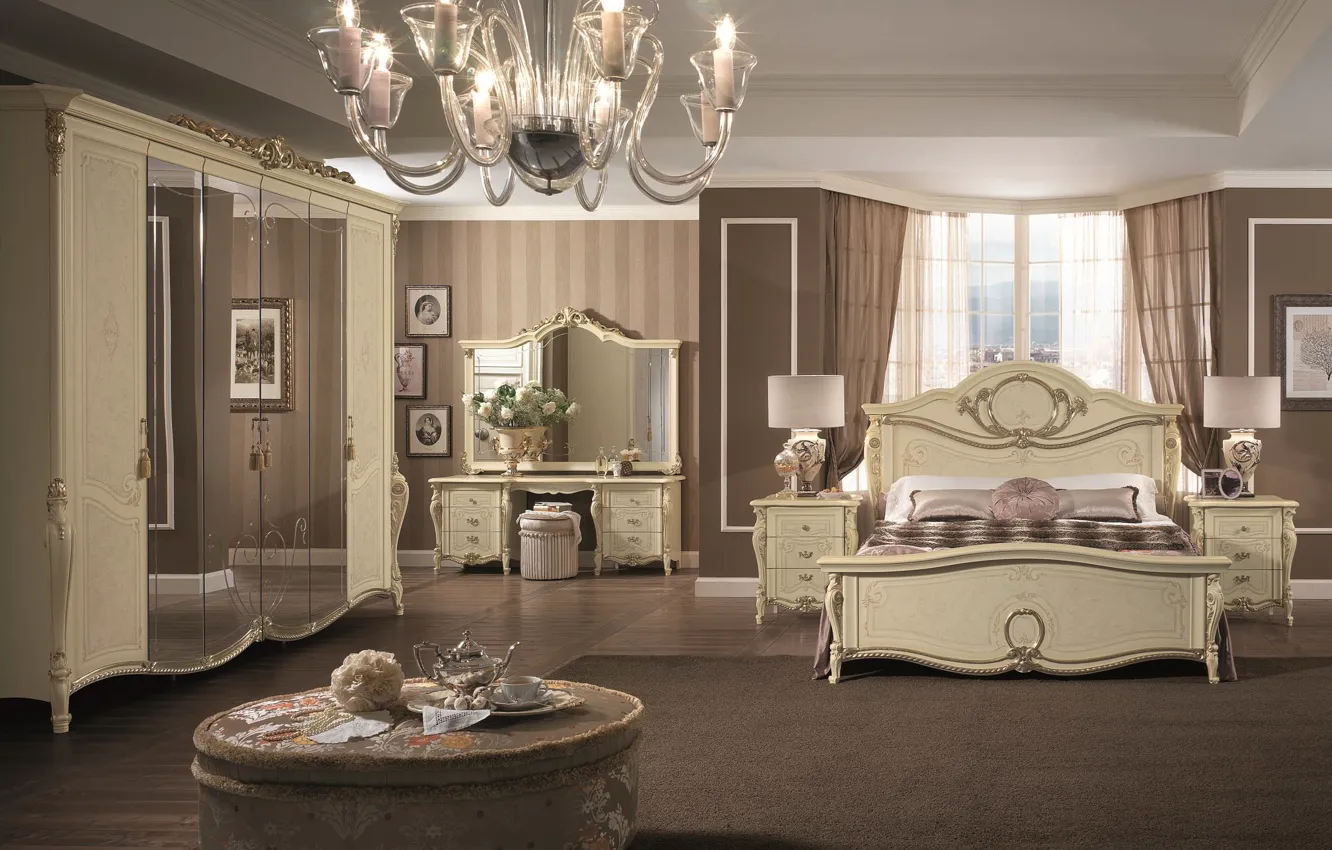 Photo wallpaper white, flowers, design, furniture, bed, interior, pillow, mirror