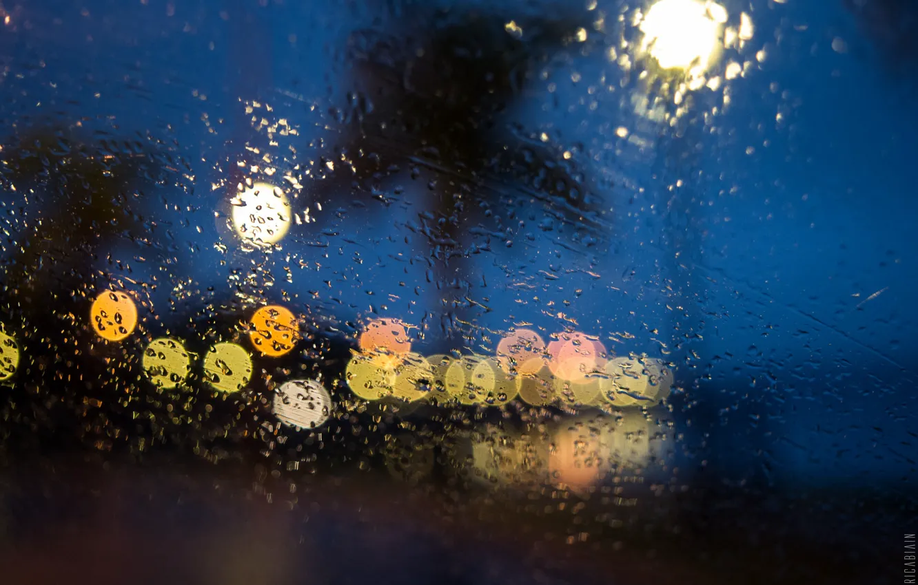 Photo wallpaper lights, glass, night, drops, raining, globes