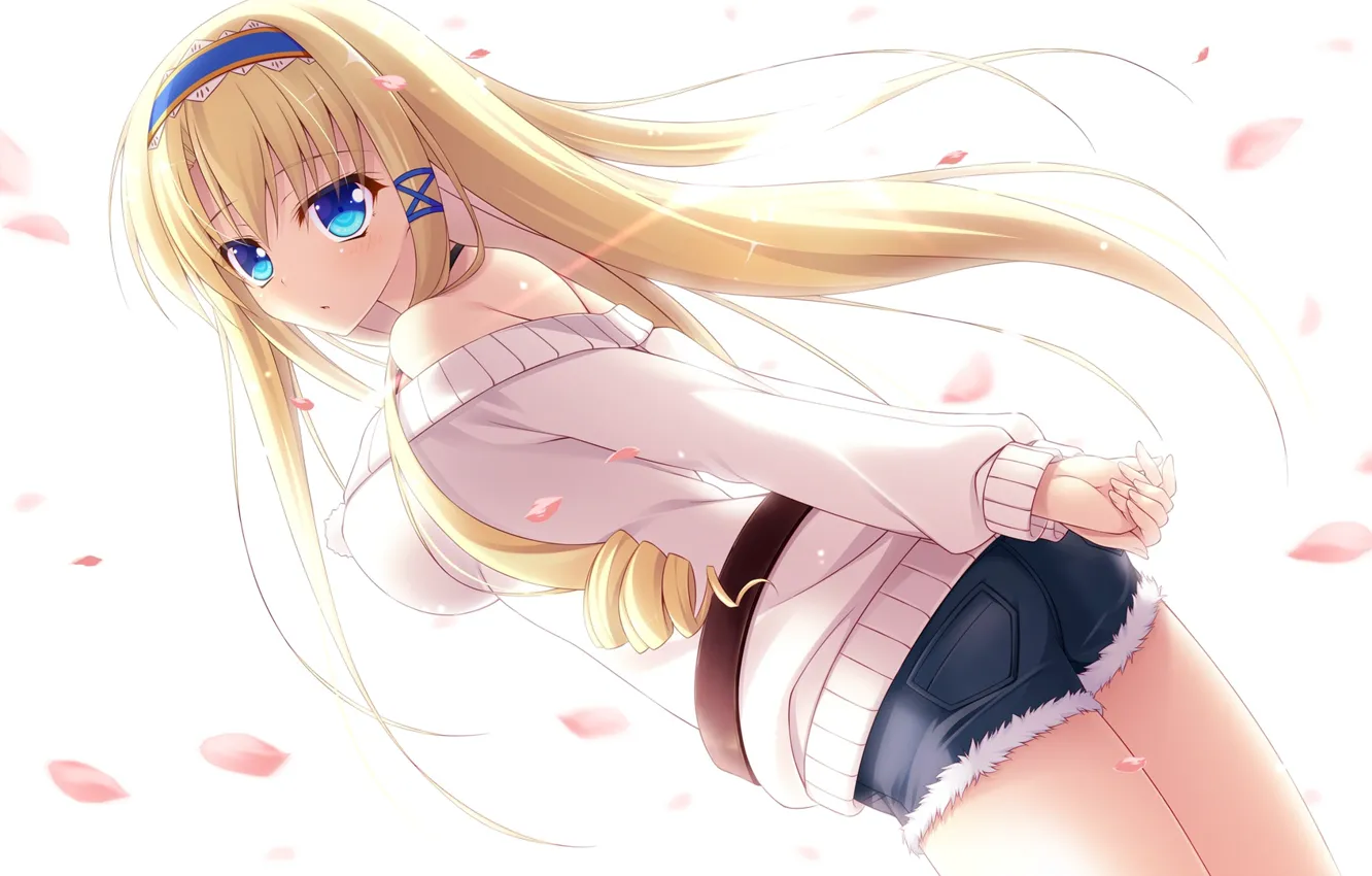 Photo wallpaper long hair, anime, blonde, anime girls, simple background, jean shorts, looking at viewer