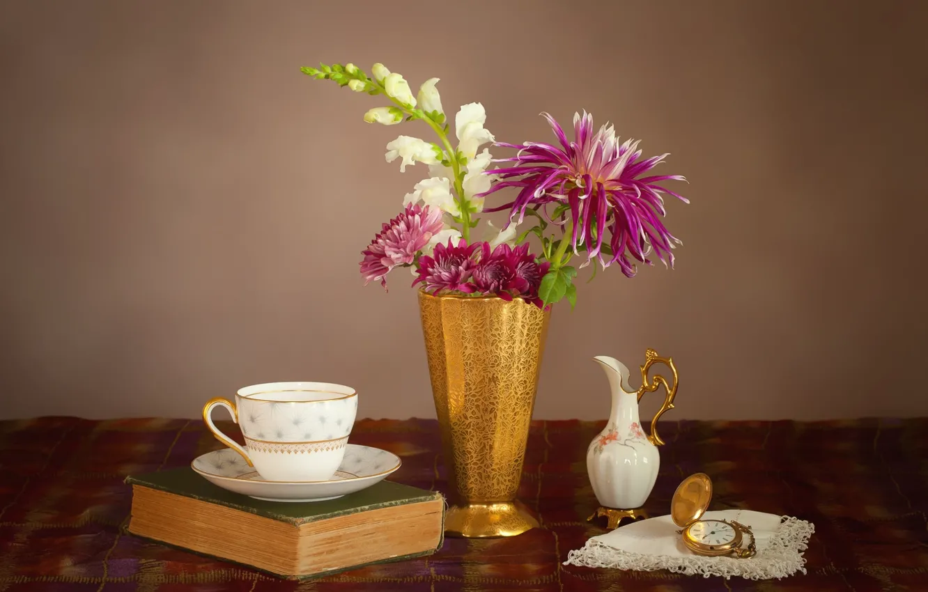 Photo wallpaper flowers, watch, dishes, book, still life, Dahlia, snapdragons