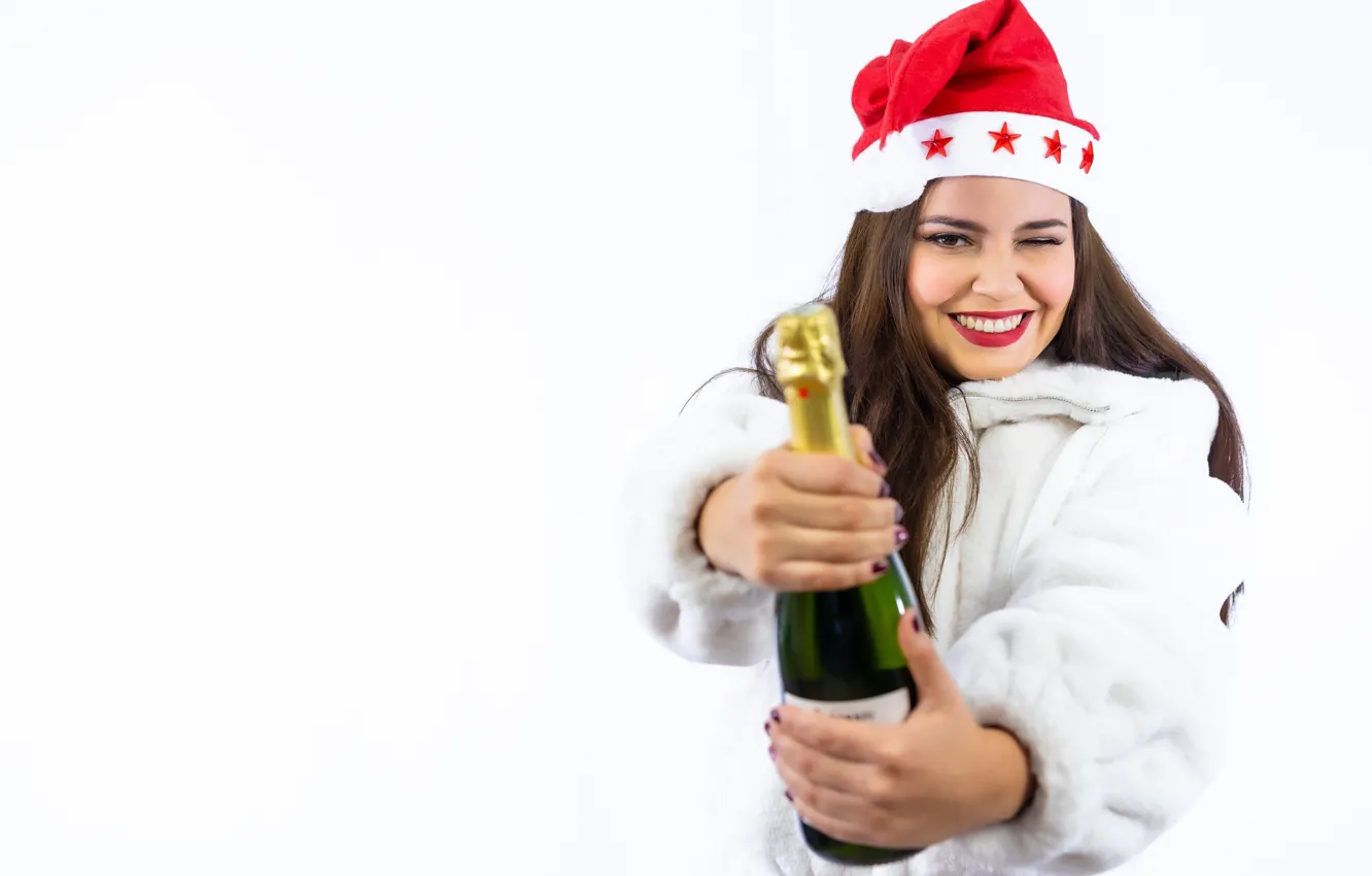 Photo wallpaper girl, pose, smile, wine, woman, bottle, new year, hands