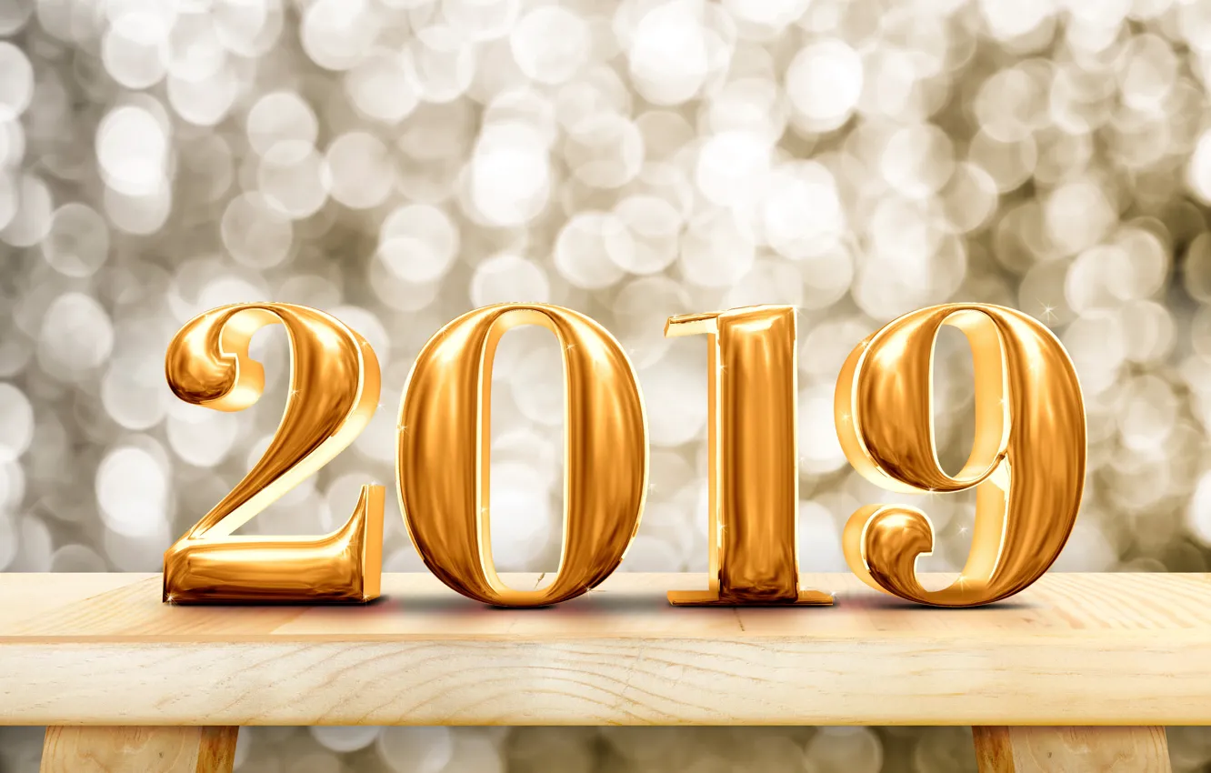 Photo wallpaper New Year, figures, golden, new year, wood, winter, background, bokeh