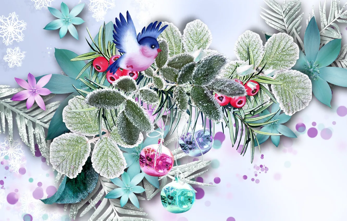 Photo wallpaper frost, leaves, flowers, holiday, collage, bird, new year, Christmas
