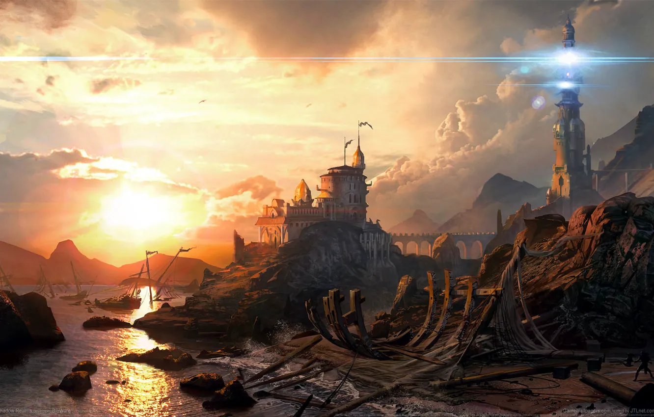 Photo wallpaper sunset, building, shadow, bones, ruins, game wallpapers, Shadow Realms