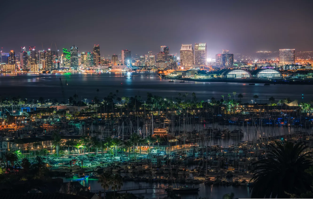Photo wallpaper night, lights, CA, panorama, Bay, San Diego, United States, Marina