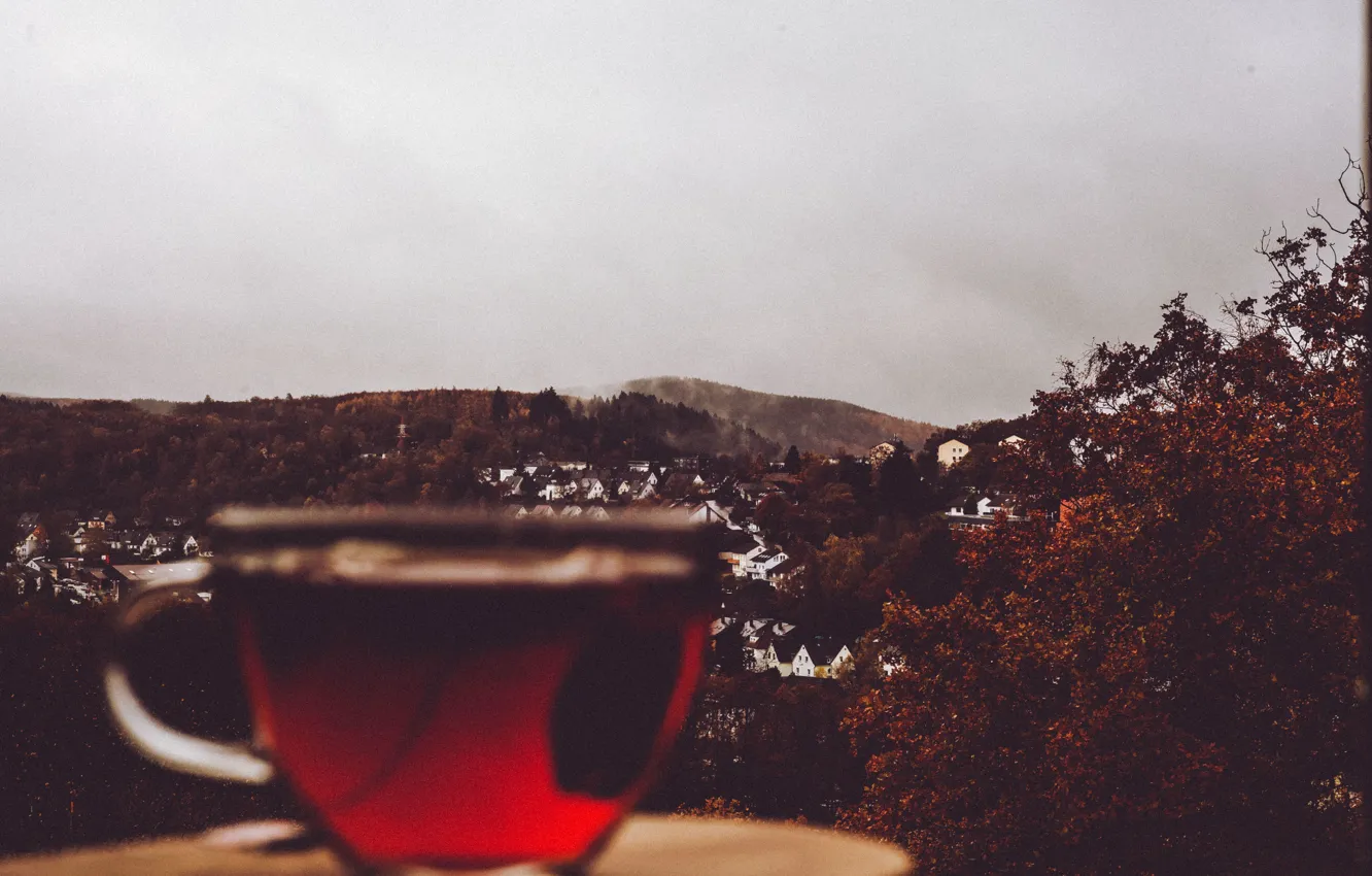 Photo wallpaper cup, village, tea, cloudy, rainy
