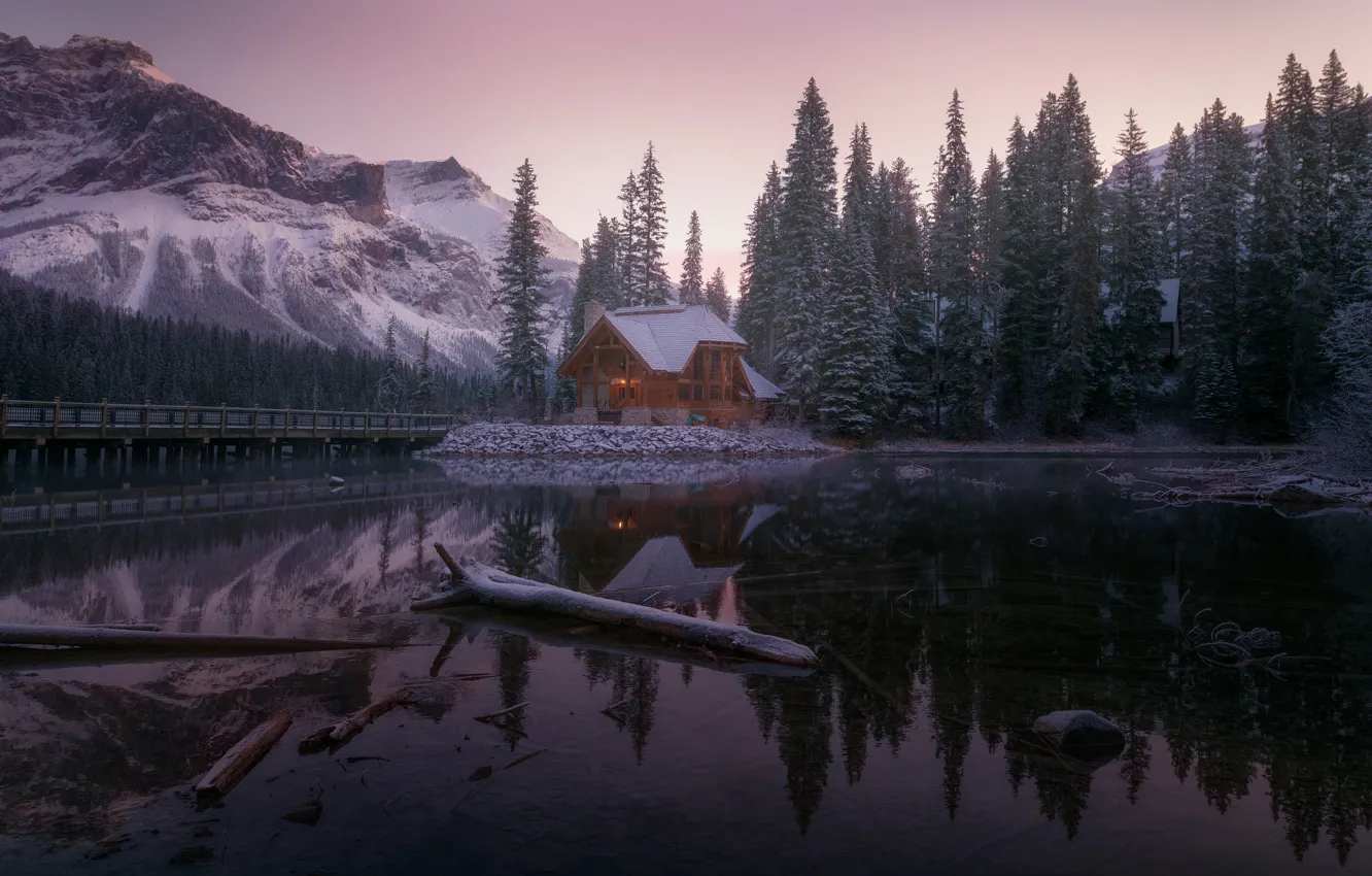 Photo wallpaper winter, frost, forest, light, snow, mountains, bridge, lake