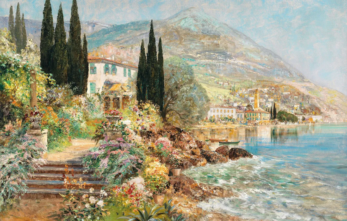 Photo wallpaper trees, flowers, lake, coast, home, picture, Alois Arnegger, Austrian painter