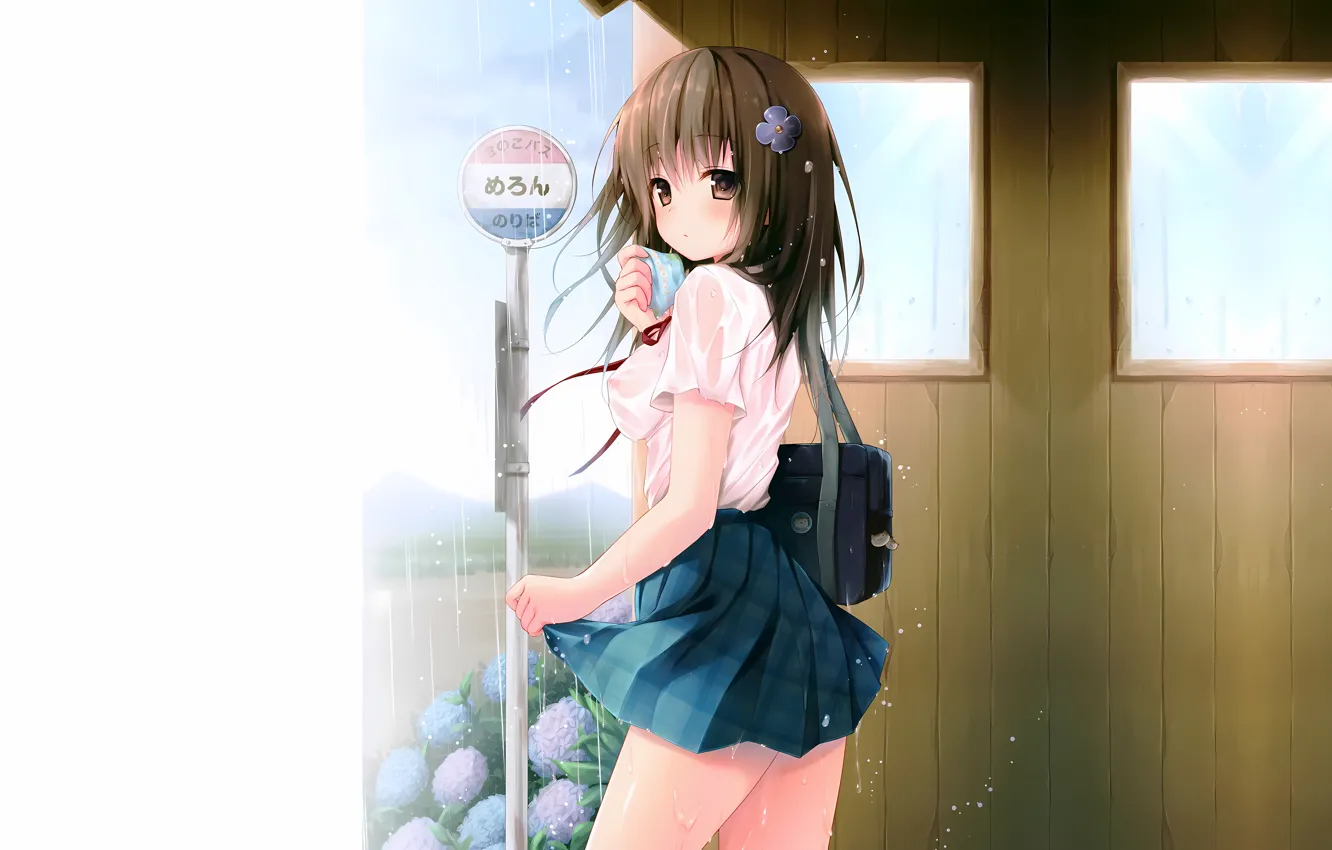 Photo wallpaper girl, sexy, wet, school uniform, rain, long hair, brown hair, brown eyes