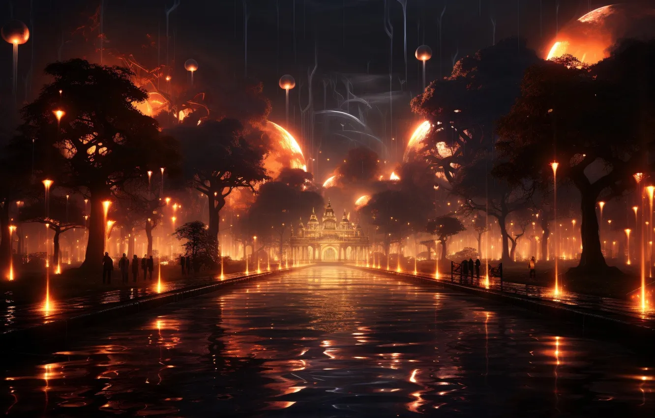 Photo wallpaper widescreen, water, night, architecture, drawings, neural network