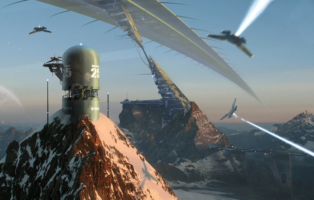 Photo wallpaper mountains, ship, construction, art, Amir Salehi