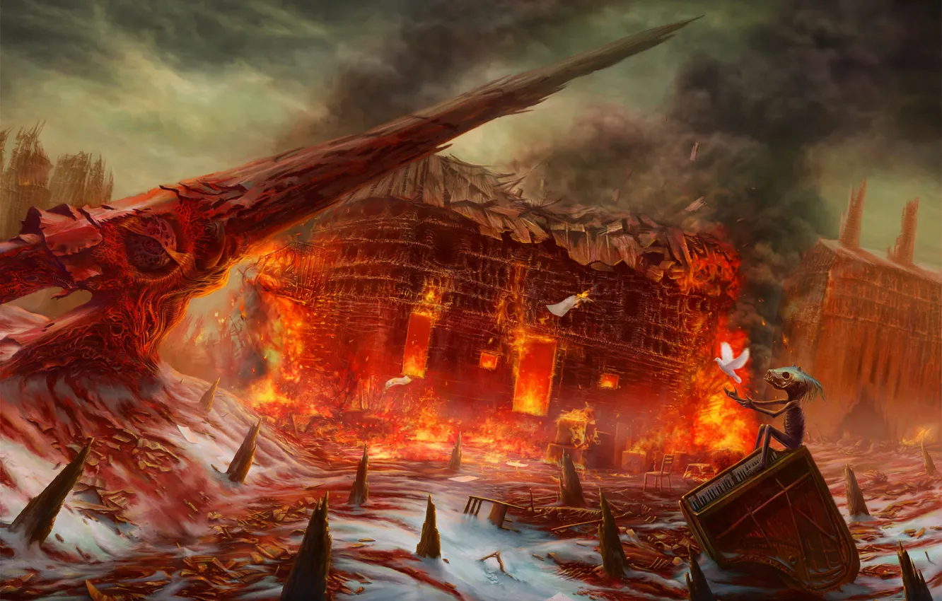 Photo wallpaper lights, fire, smoke, home, being, art, pigeons, by ser1o