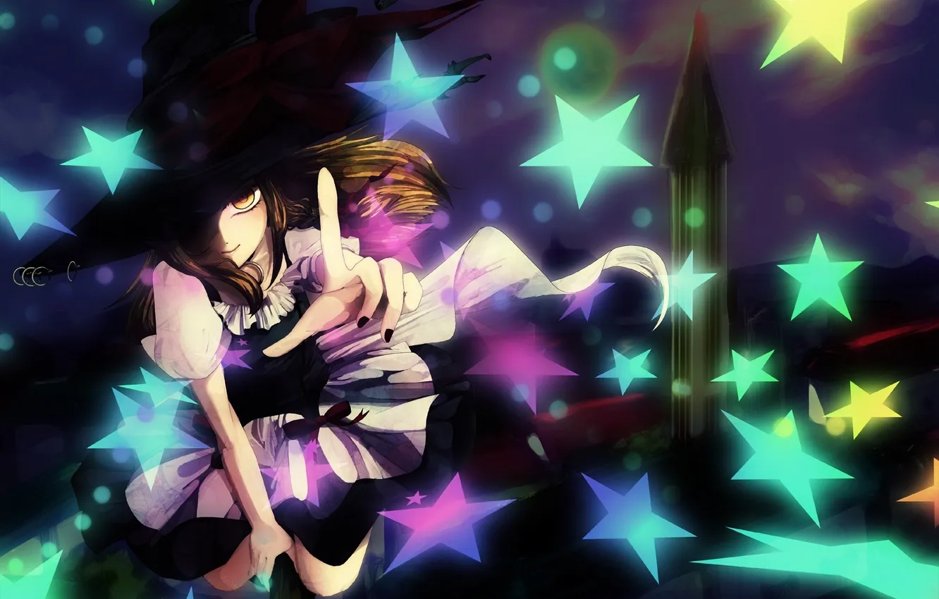 Photo wallpaper girl, stars, flight, night, the city, home, hat, art