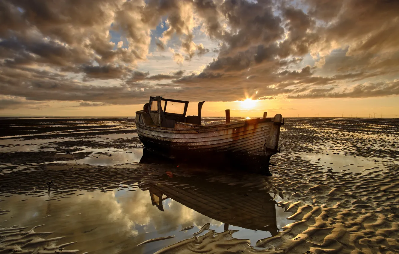 Photo wallpaper shore, boat, stranded