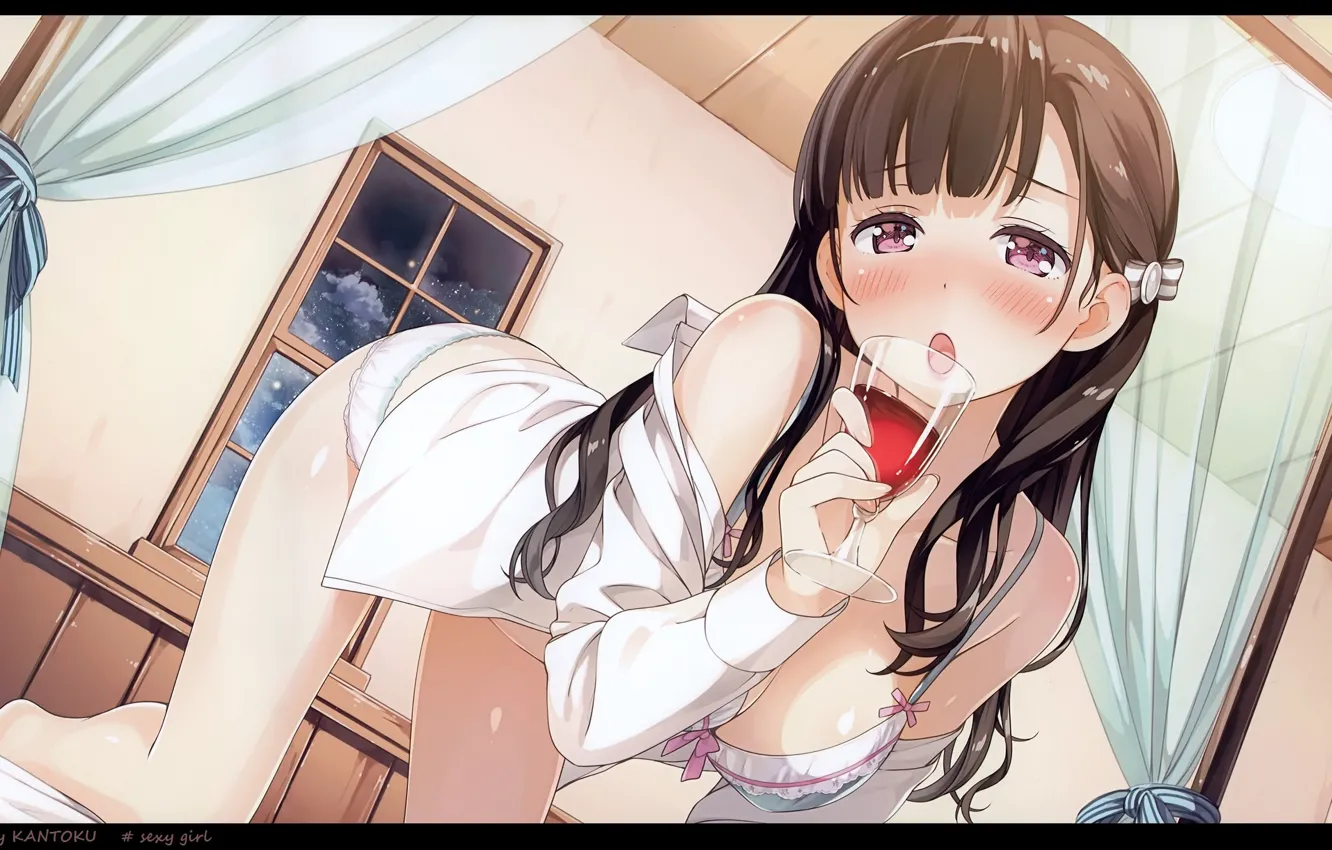 Photo wallpaper underwear, blush, on the bed, flirting, a glass of wine, white shirt, in the bedroom, …