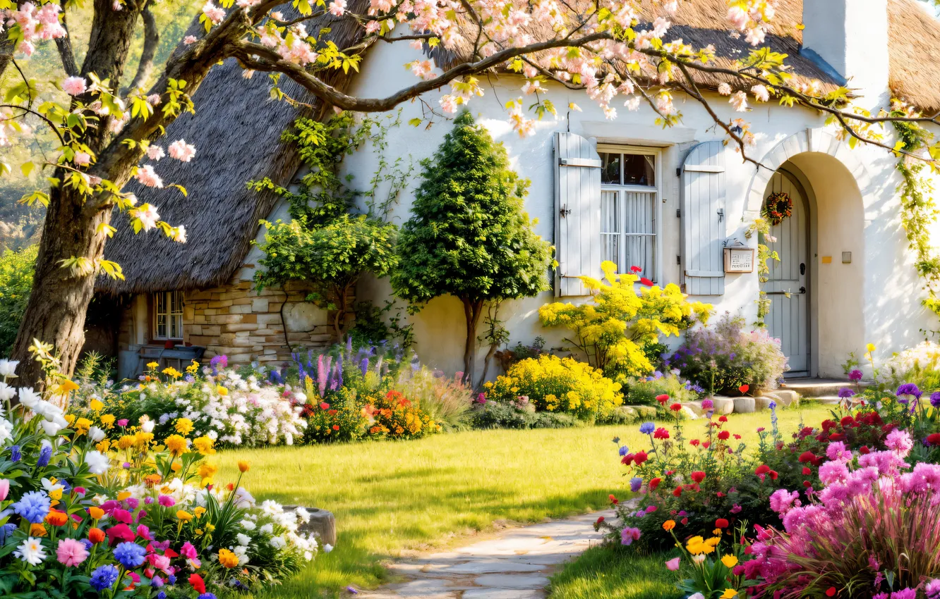 Photo wallpaper trees, flowers, home, spring, garden, Sakura, house, cottage