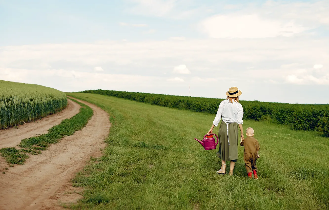 Photo wallpaper road, field, summer, girl, flowers, children, hat, boy