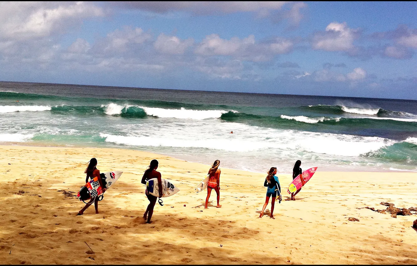 Photo wallpaper beach, girls, the ocean, surfing