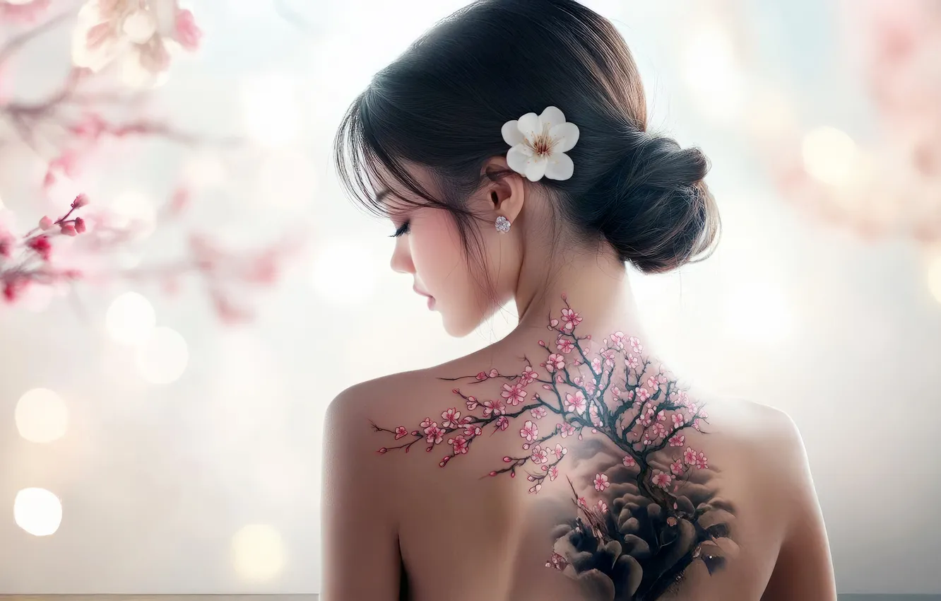 Photo wallpaper girl, branches, Sakura, tattoo, hairstyle, Asian, light background, shoulders