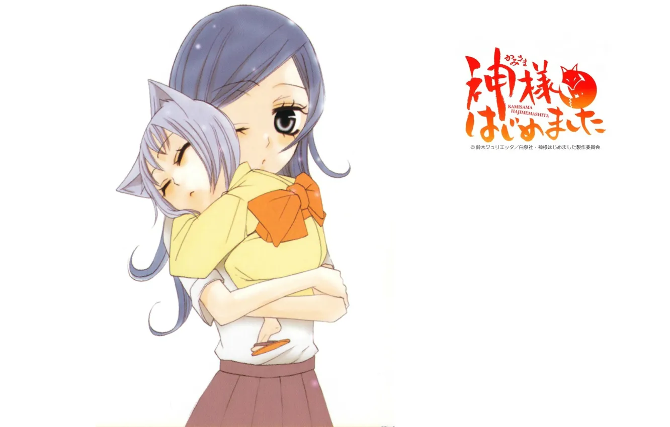 Photo wallpaper baby, characters, white background, two, bow, ears, closed eyes, the demon-Fox