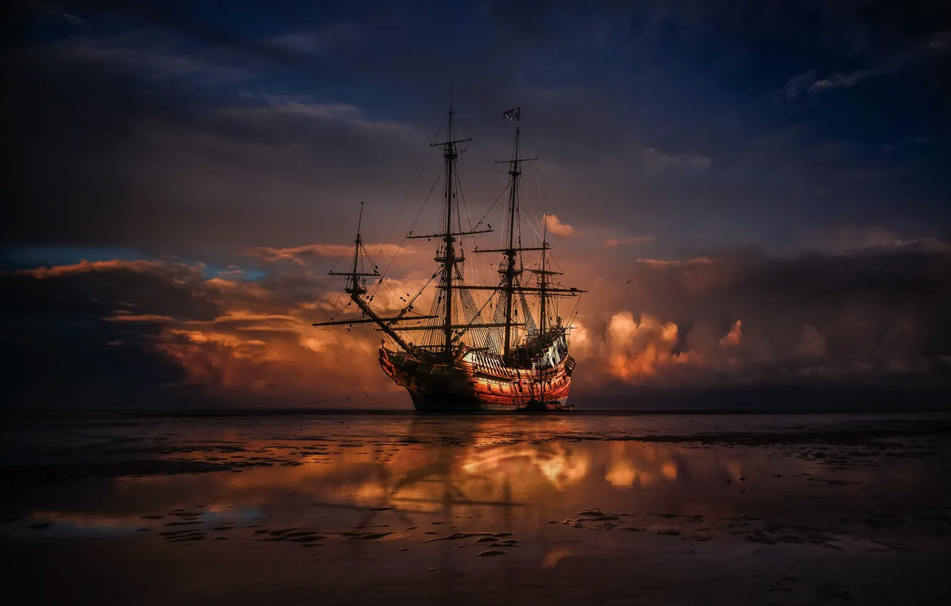 Photo wallpaper sand, sea, the sky, clouds, light, landscape, sunset, clouds