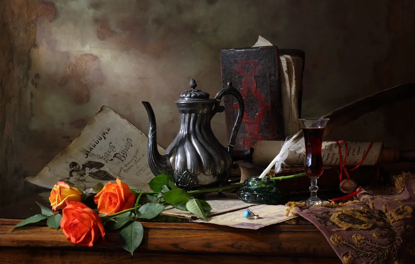Photo wallpaper decoration, flowers, paper, wine, glass, roses, feathers, ring