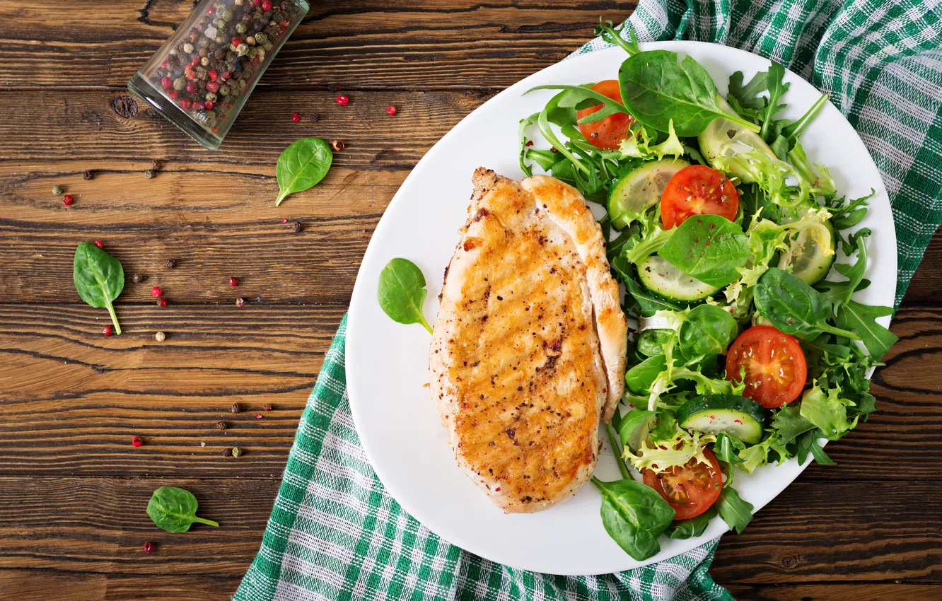 Photo wallpaper greens, Board, towel, chicken, plate, meat, pepper, vegetables