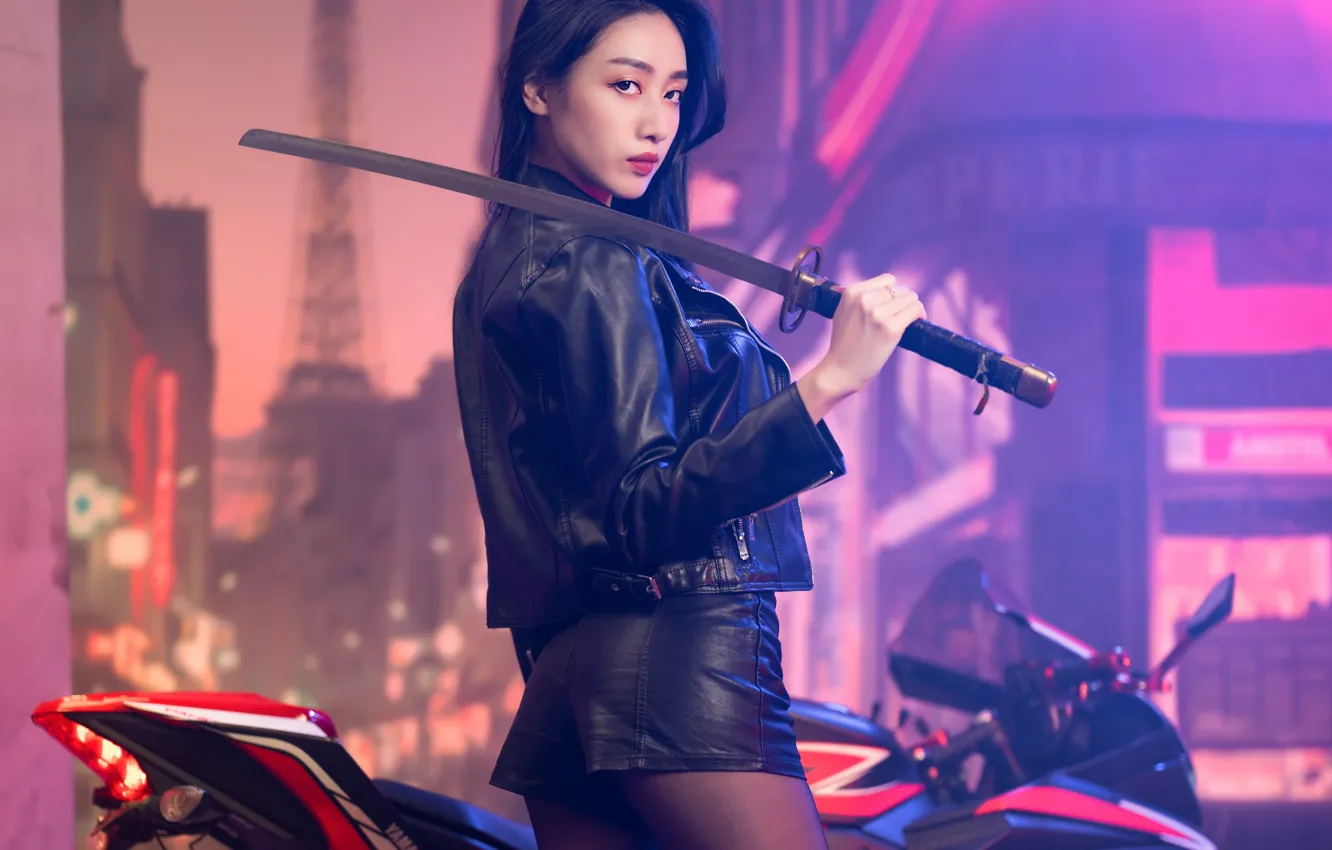 Photo wallpaper look, pose, background, model, shorts, portrait, sword, katana