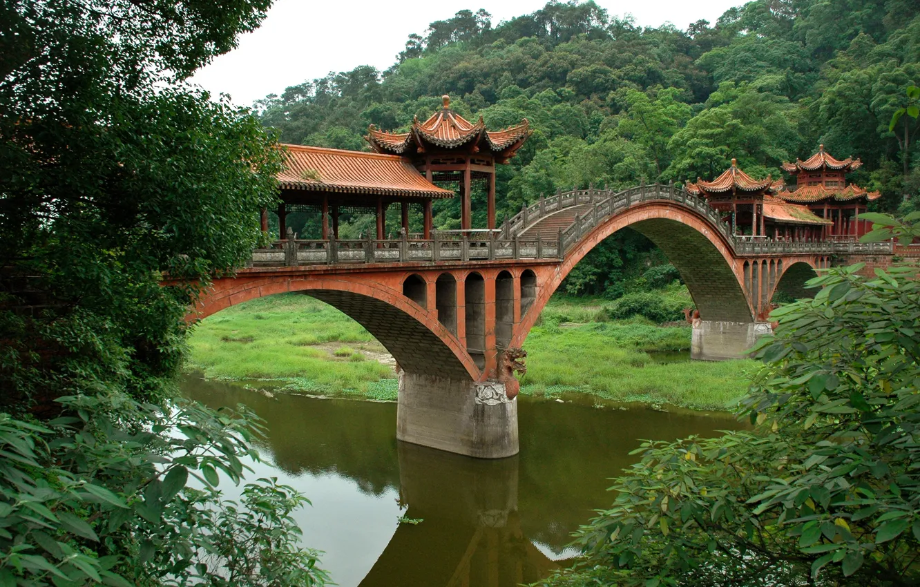 Photo wallpaper Bridge, River, Floodplain