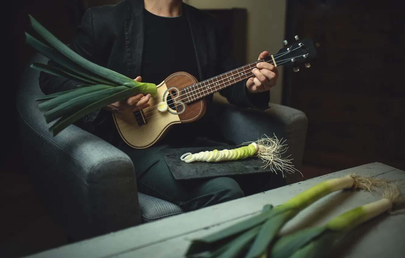 Photo wallpaper greens, roots, pose, green, music, the dark background, table, room