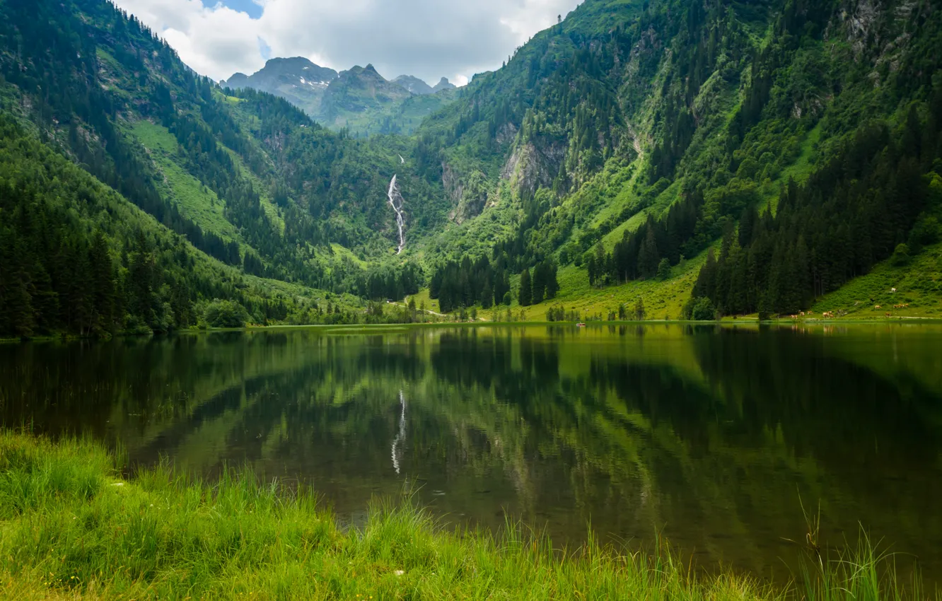 Photo wallpaper greens, reflection, lake, green, Mountains, nature, mountains, lake