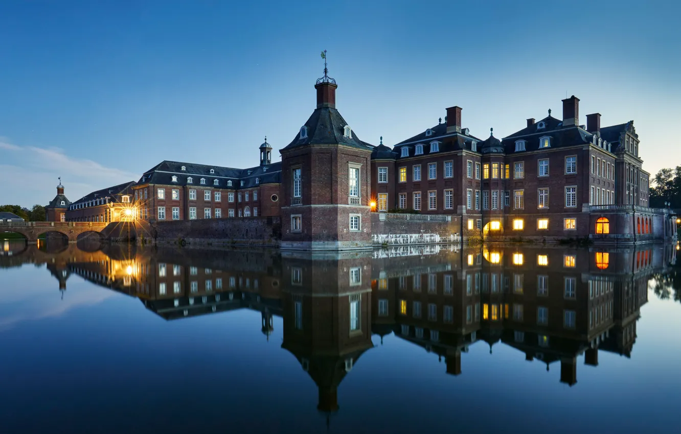 Photo wallpaper bridge, reflection, Germany, channel, Germany, Palace, ditch, North Rhine-Westphalia