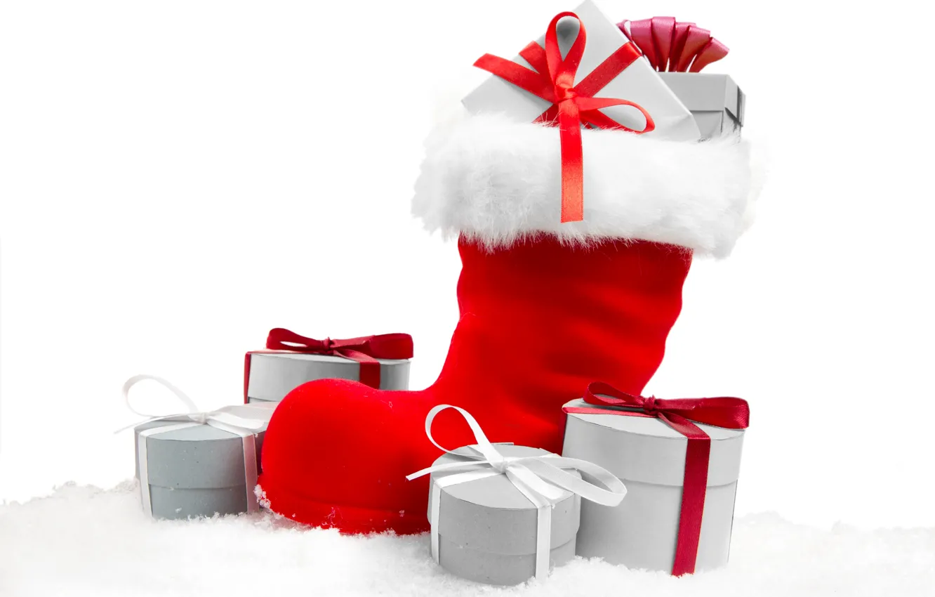 Photo wallpaper red, holiday, box, gift, new year, boots, Christmas, white background