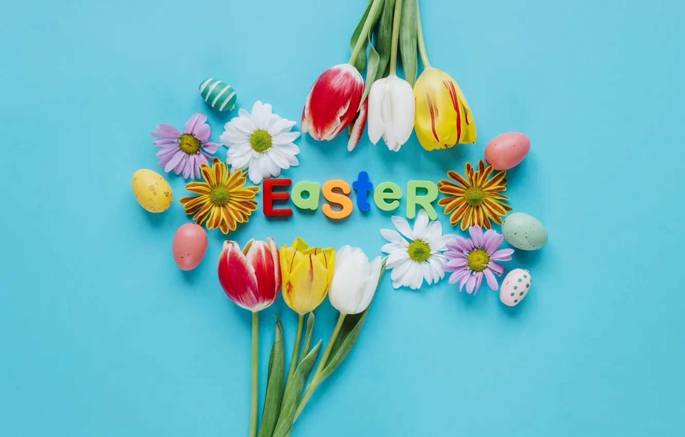 Photo wallpaper letters, holiday, eggs, Easter, tulips