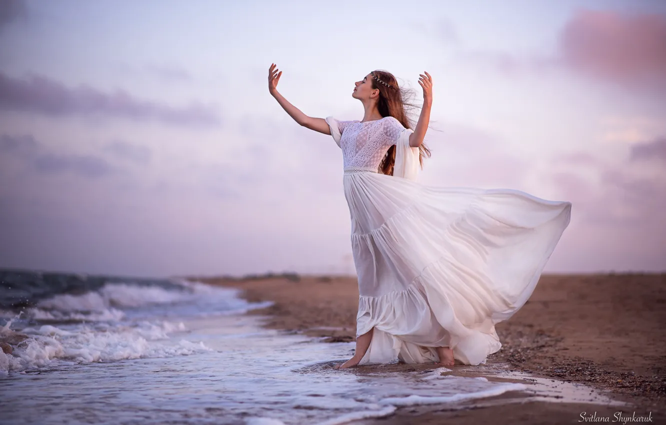 Photo wallpaper sand, sea, girl, pose, mood, hands, dress, Svetlana Shinkaruk