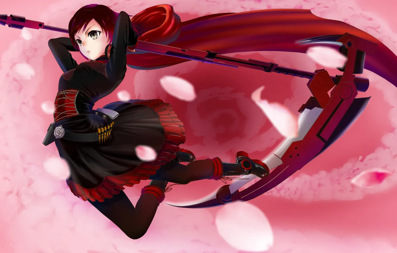 Photo wallpaper girl, weapons, anime, petals, art, braid, RWBY, Ruby Rose
