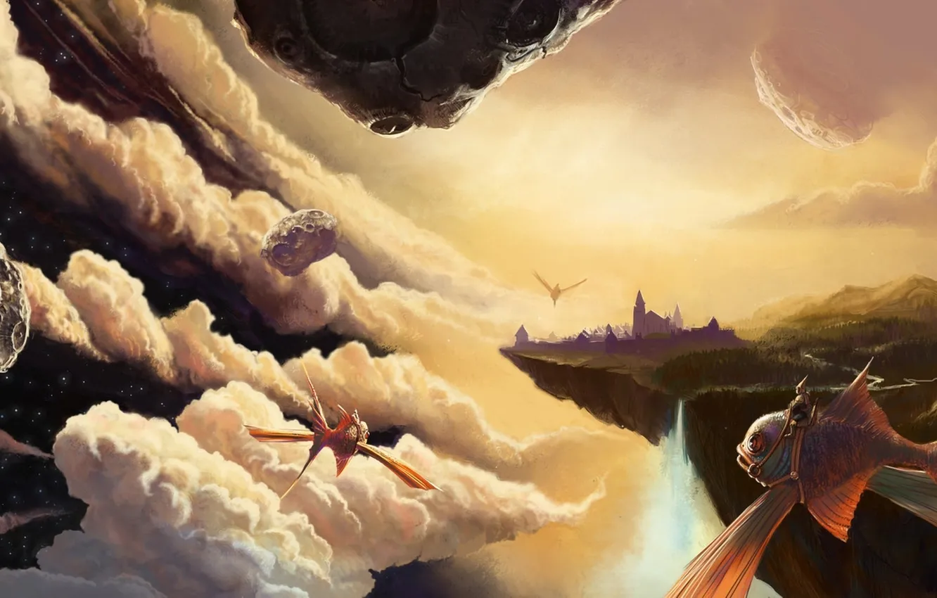 Photo wallpaper stars, clouds, castle, island, waterfall, fish, art, rider