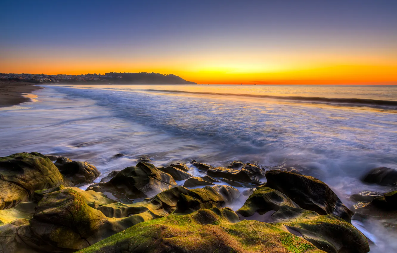 Photo wallpaper sea, the sky, sunset, stones, USA, San Francisco, Baker Beach