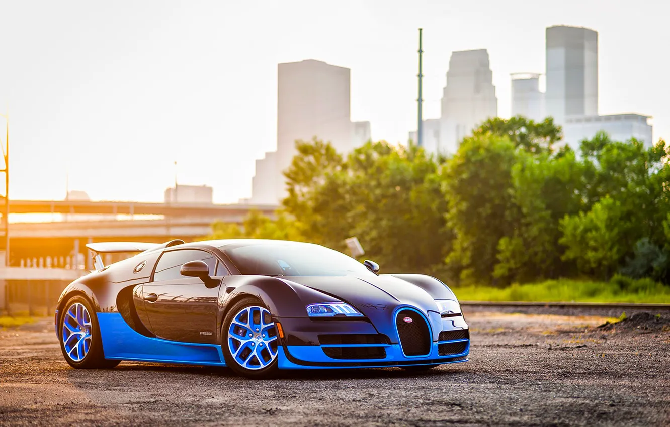 Photo wallpaper Bugatti, Grand, Veyron, Blue, Front, Sun, Sport, Supercar
