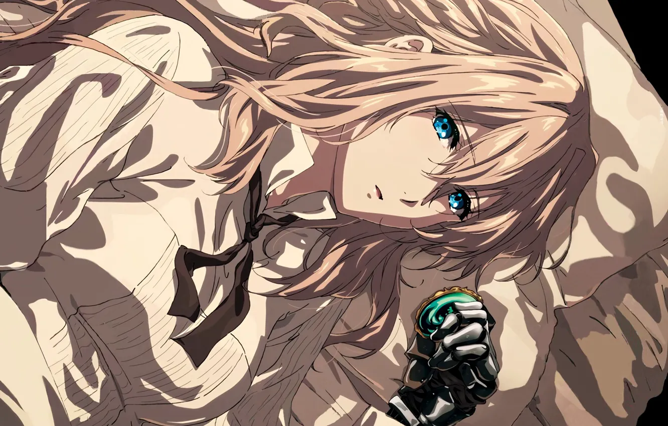 Photo wallpaper look, face, blue eyes, brooch, bangs, iron hand, white blouse, Violet Evergarden