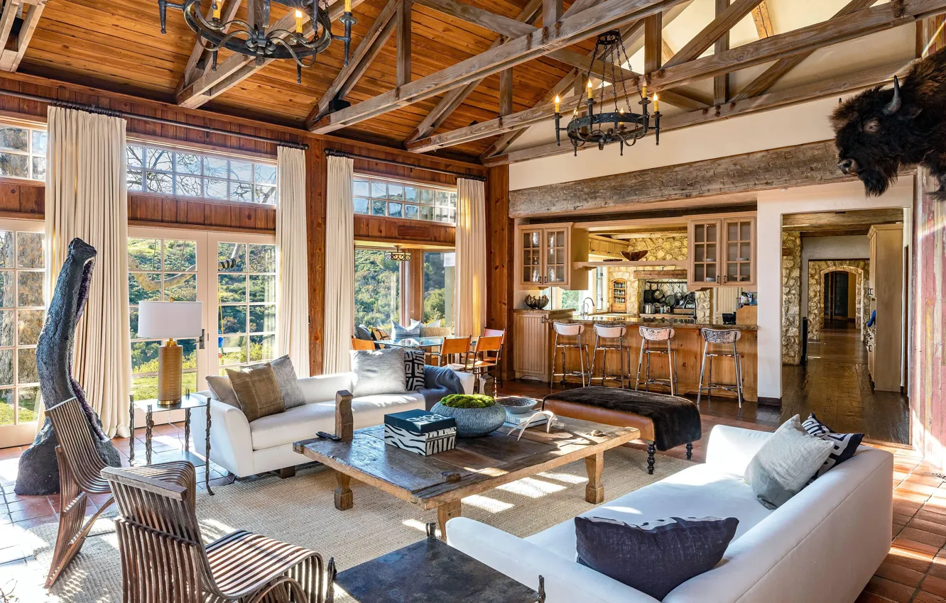 Photo wallpaper design, style, Villa, interior, kitchen, living room, dining room, Malibu