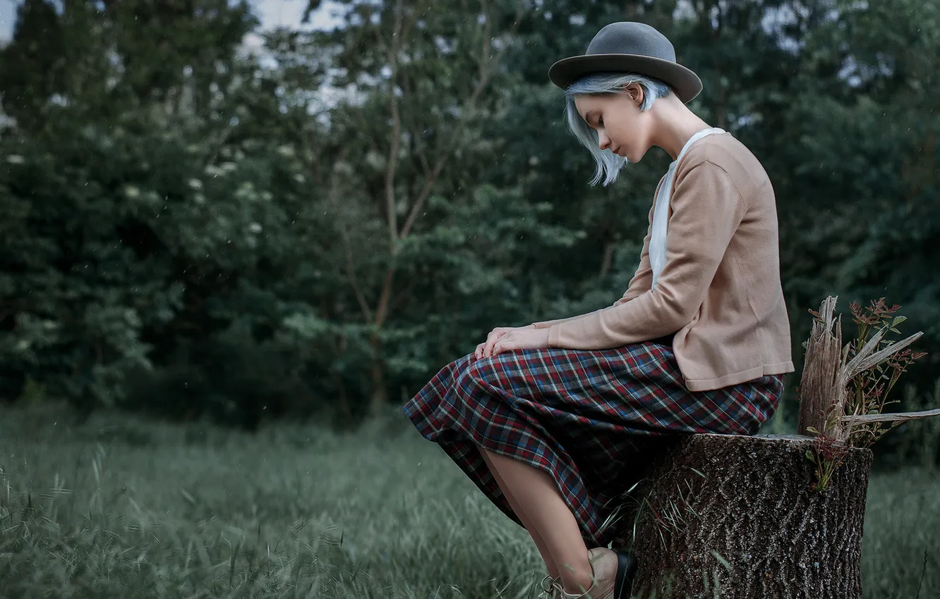 Photo wallpaper forest, girl, nature, model, hat, stump, sitting, Dmitry Begma
