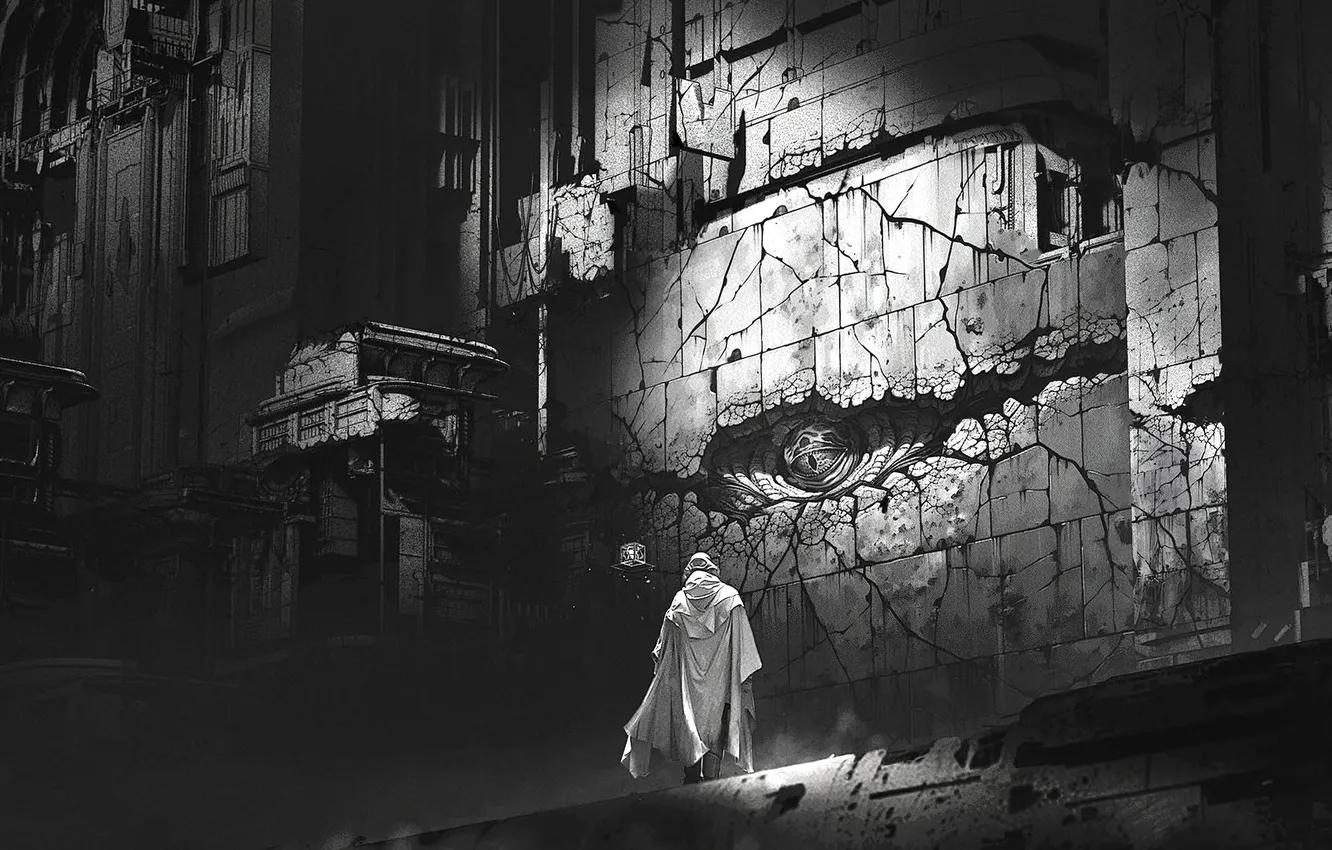Photo wallpaper black & white, fantasy, monochrome, man, eye, digital art, artwork, b&w