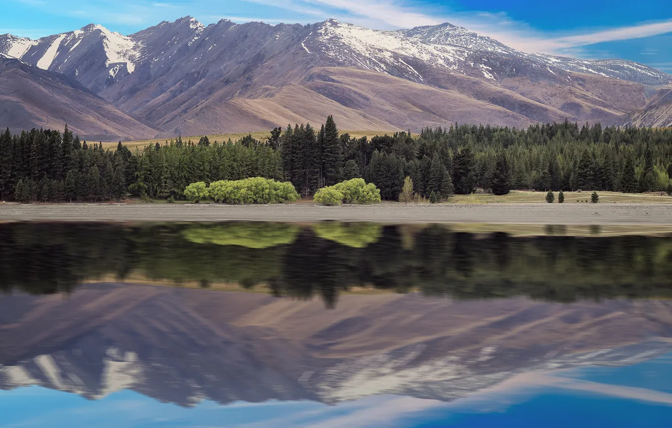 Photo wallpaper forest, the sky, clouds, snow, mountains, lake, reflection, blue