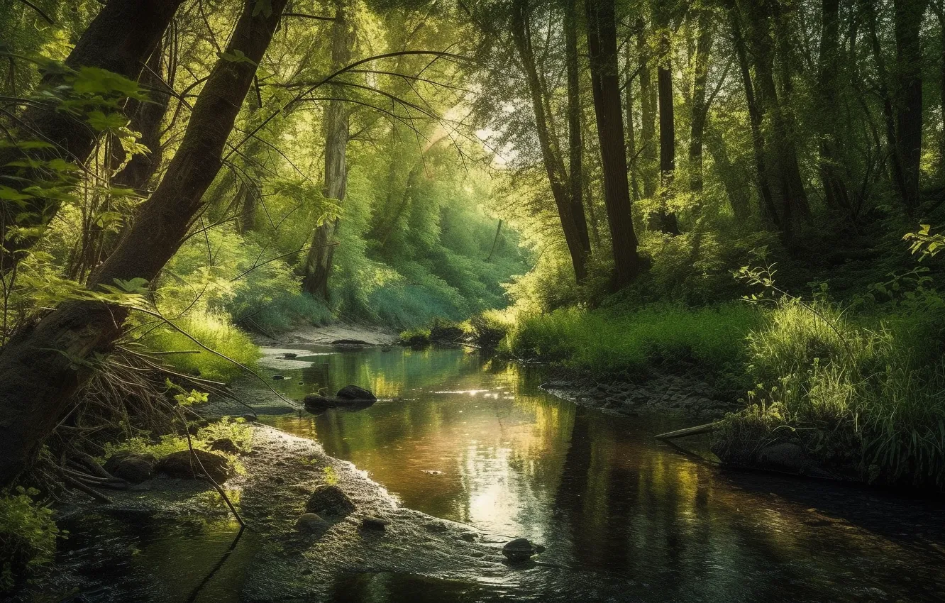 Photo wallpaper greens, forest, light, trees, landscape, branches, nature, pond