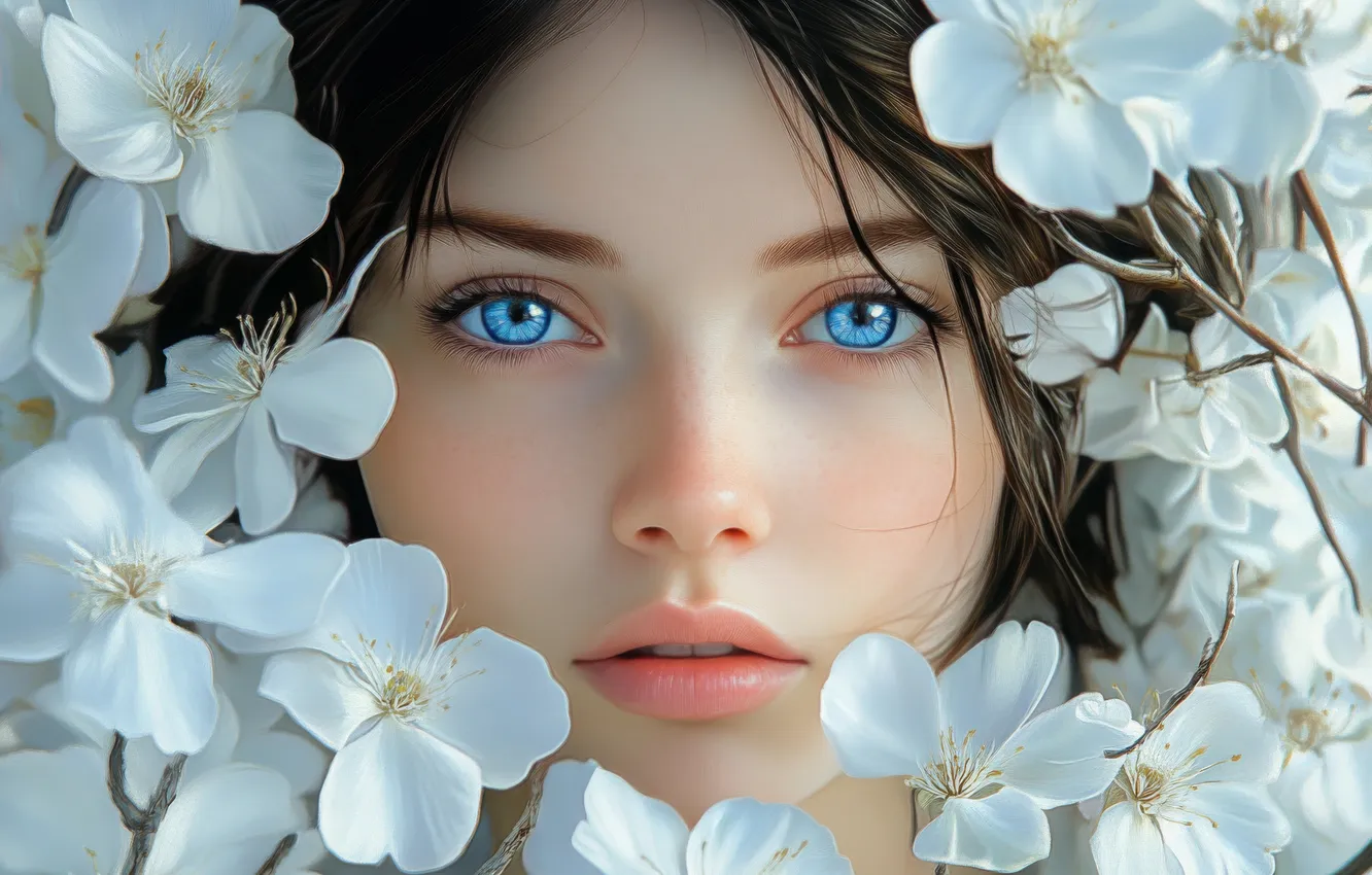 Photo wallpaper look, girl, flowers, close-up, face, tenderness, portrait, spring